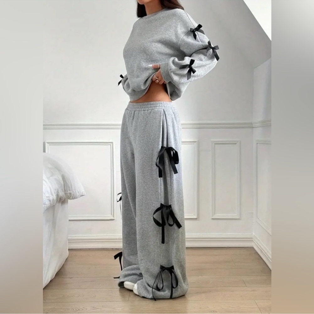 Gray Sweatsuit with Black Bow Accents